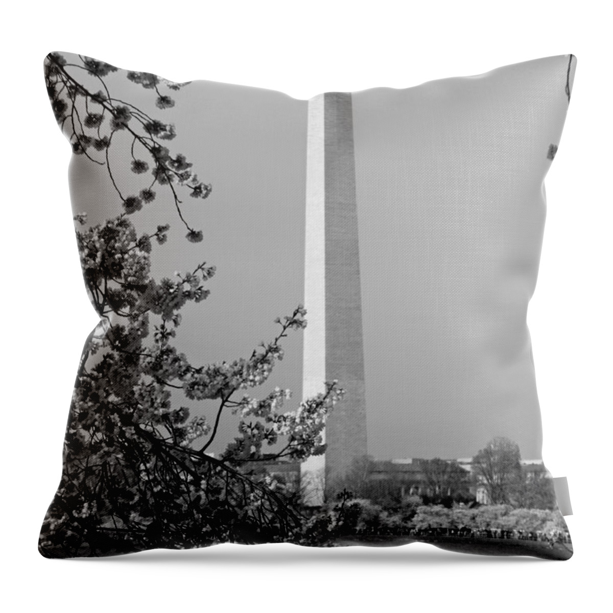 Cherry Blossoms Throw Pillow featuring the photograph Washington Monument and Cherry Blossoms in April by Emmy Vickers