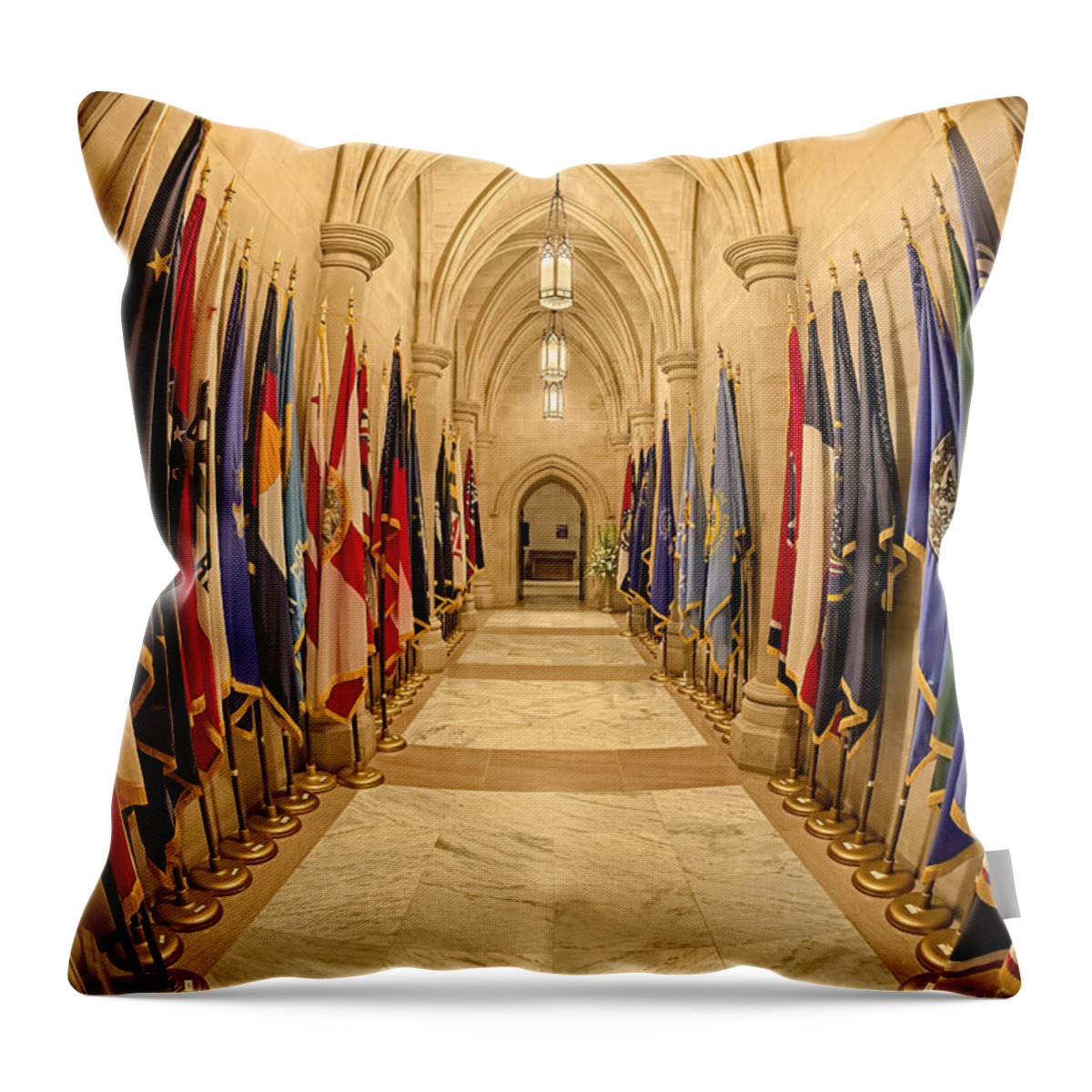 Washington National Cathedral Throw Pillow featuring the photograph Washington National Cathedral State Flags by Susan Candelario