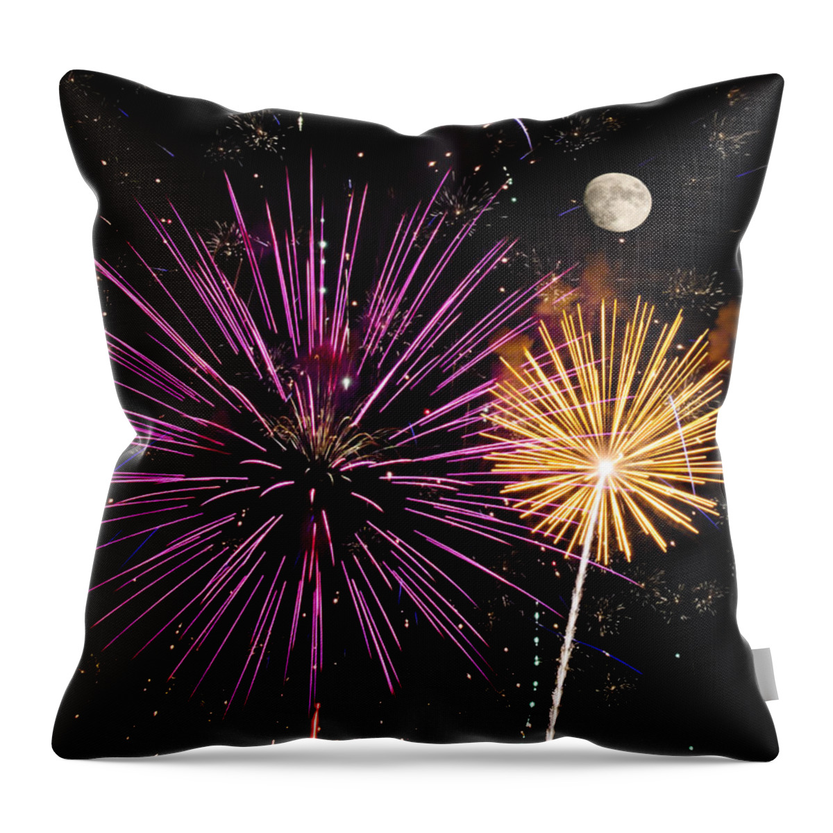 Fireworks Throw Pillow featuring the photograph Watching Pink and Gold Explosion - Fireworks and Moon II by Penny Lisowski