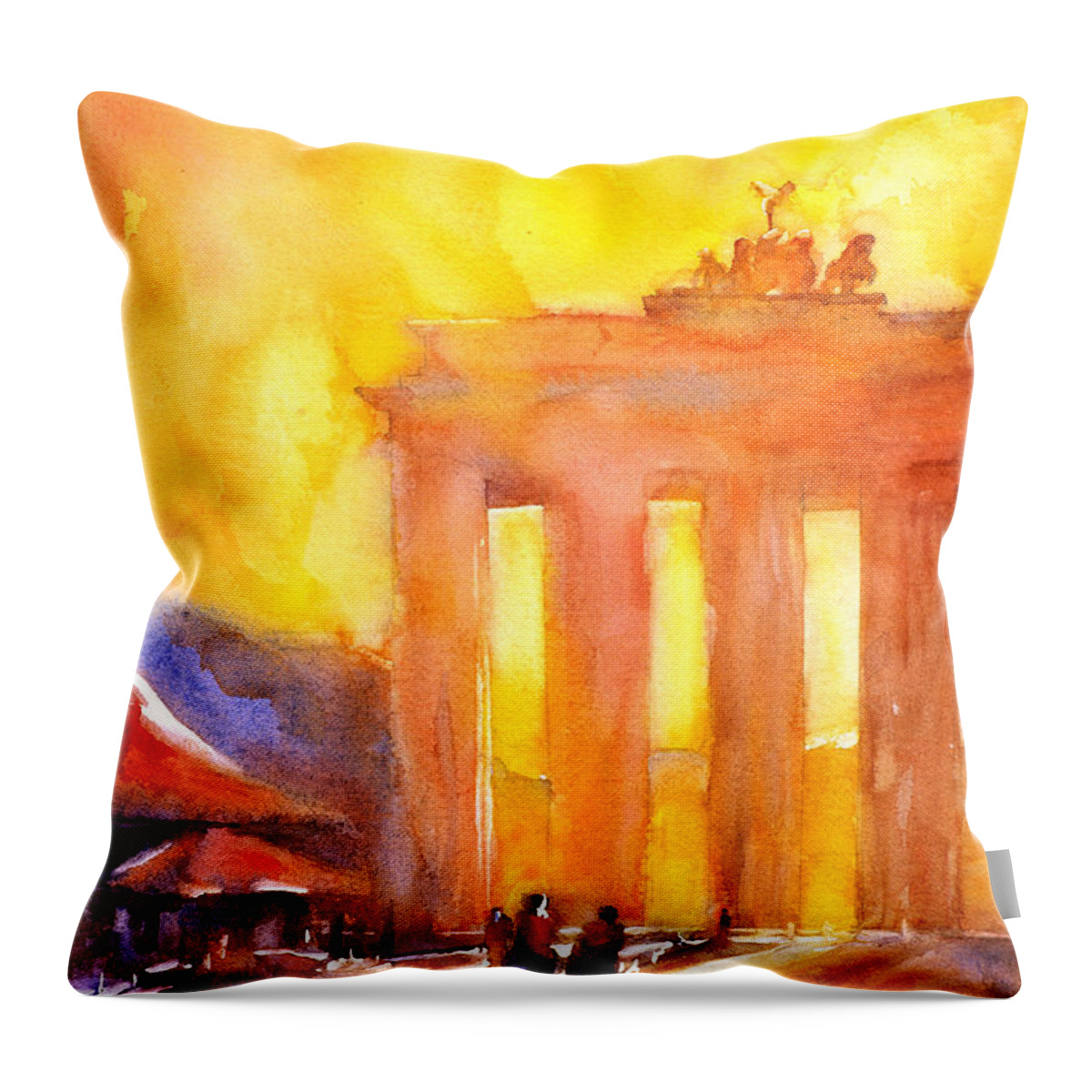 Church Germany Throw Pillow featuring the painting Watercolor painting of Brandenburg Gate Berlin Germany by Ryan Fox