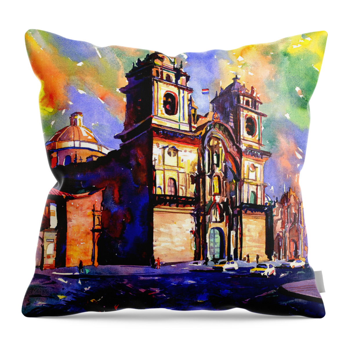  Throw Pillow featuring the painting Watercolor painting of Church on the Plaza de Armas Cusco Peru by Ryan Fox