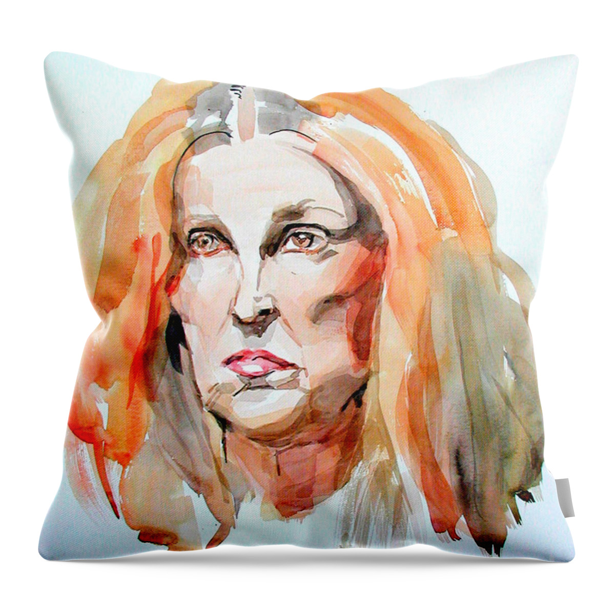 Watercolor Portrait Of A Woman Throw Pillow featuring the painting Watercolor Portrait of a mad redhead by Greta Corens