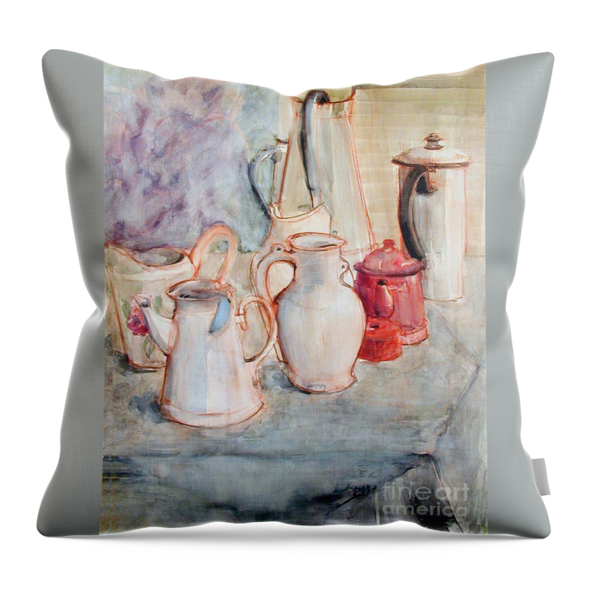 Greta Corens Watercolors Throw Pillow featuring the painting Watercolor still life with red can by Greta Corens
