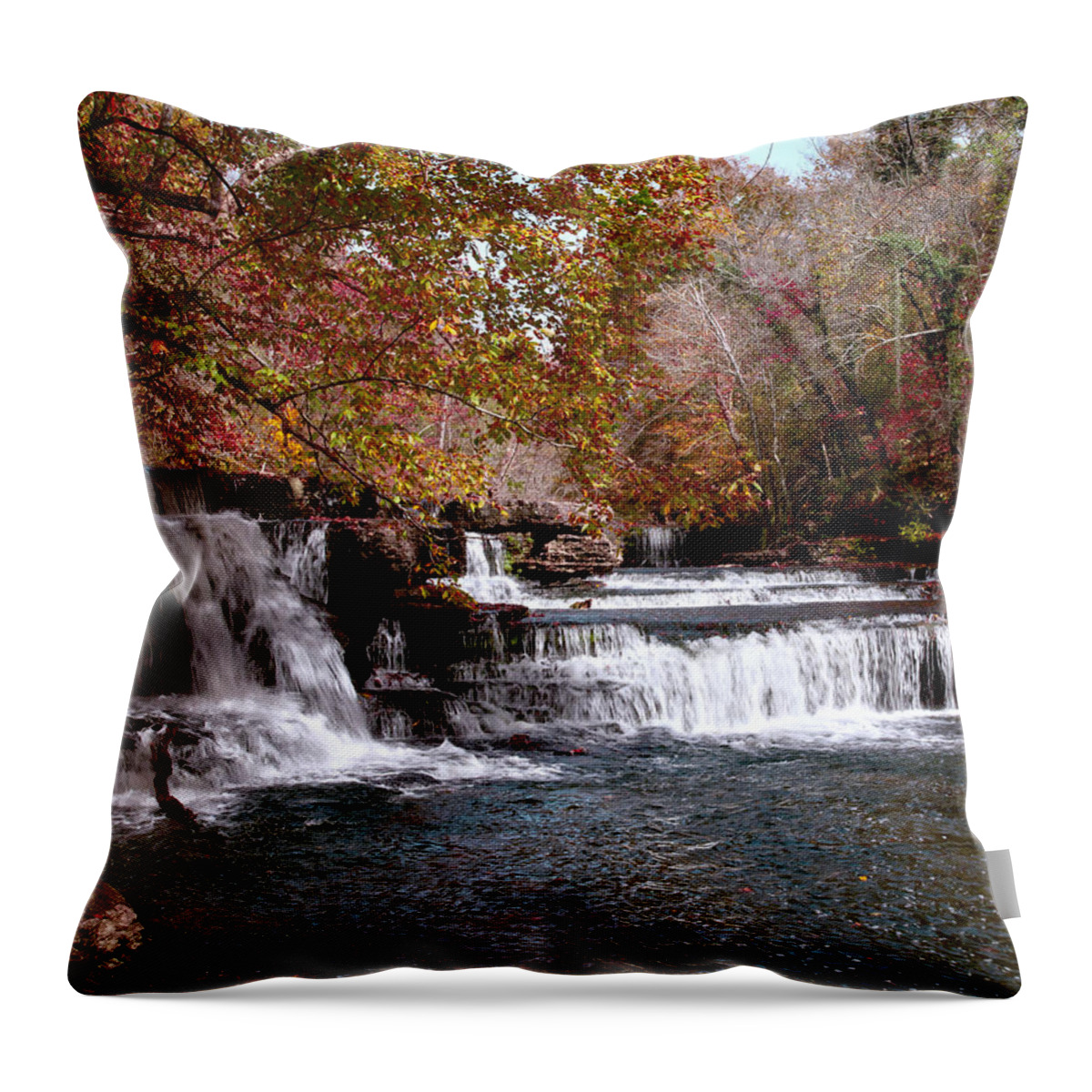 Waterfall Throw Pillow featuring the photograph Waterfalls Photography in Autumn on the Duck River Tennessee Fine Art Prints For The Holidays by Jerry Cowart