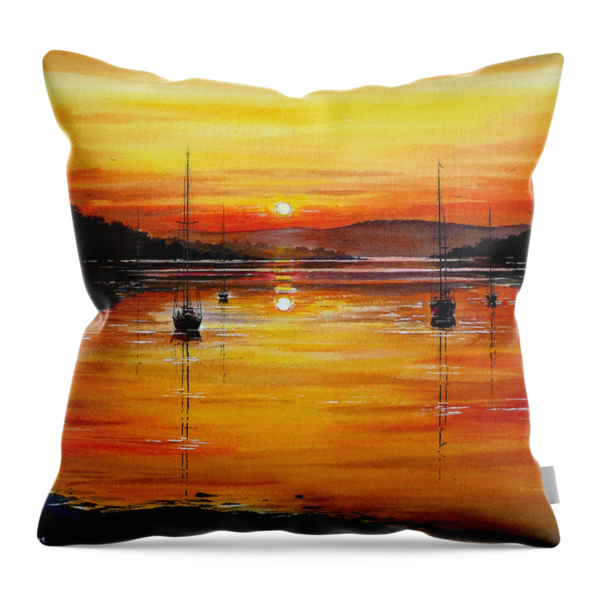 Yachts Throw Pillow featuring the painting Watery Sunset at Bala lake by Andrew Read