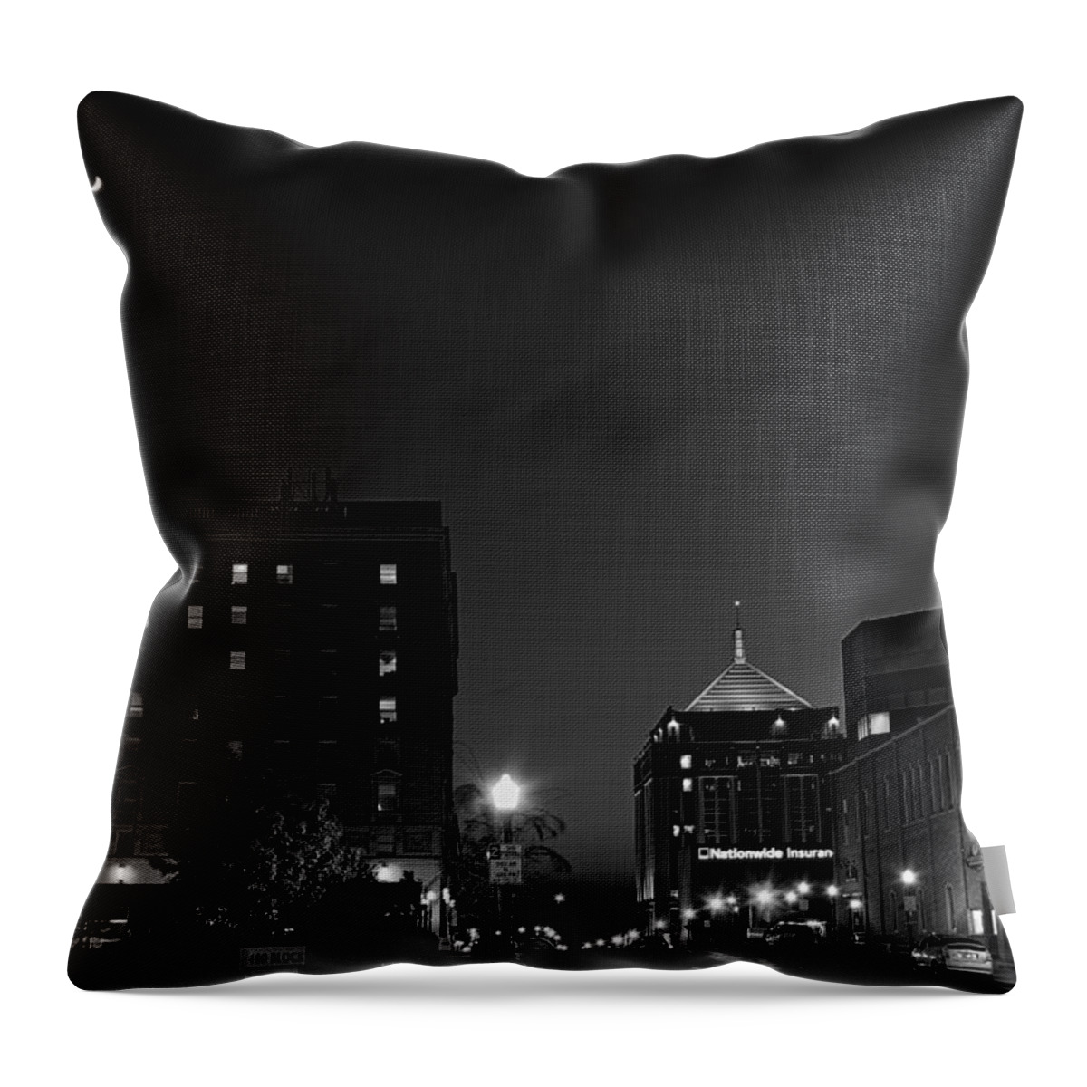 Black And White Throw Pillow featuring the photograph Wausau After Dark with the Crescent Moon Looking On by Dale Kauzlaric