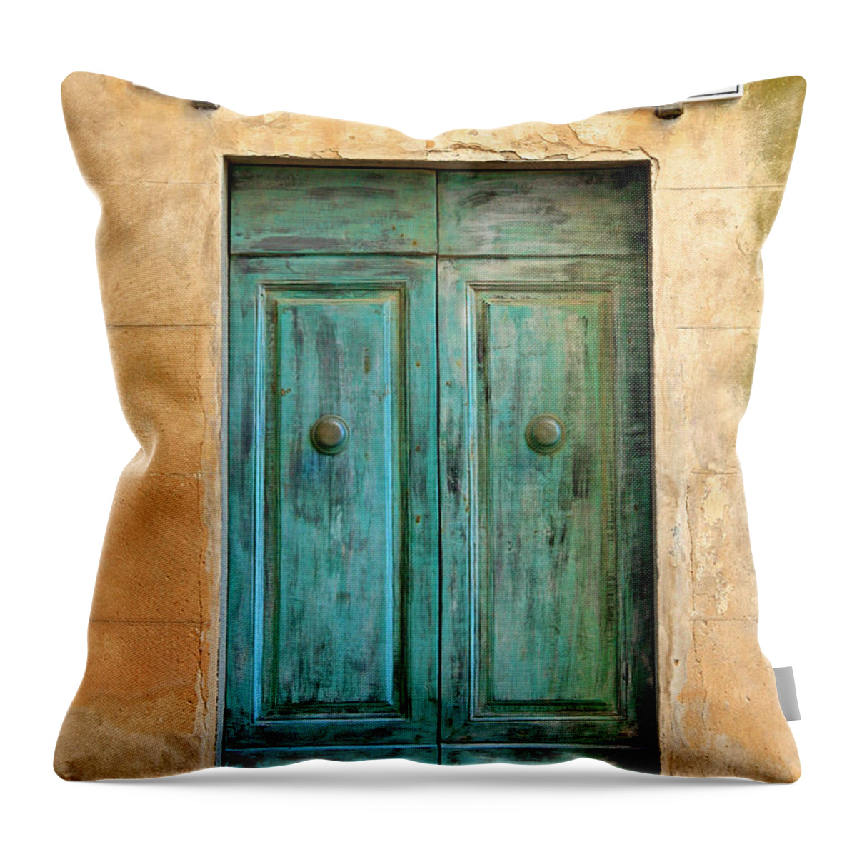 Kate Mckenna Throw Pillow featuring the photograph Weathed Museo Door by Kate McKenna