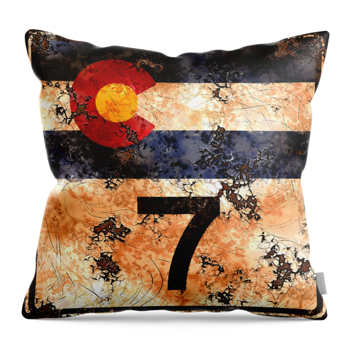 Seven Throw Pillow featuring the digital art Weathered Colorado State Highway 7 Sign by David G Paul