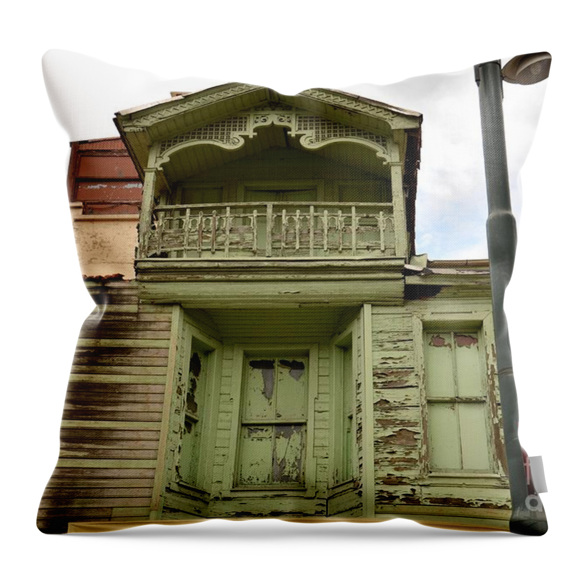 House Throw Pillow featuring the photograph Weathered old green wooden house by Imran Ahmed