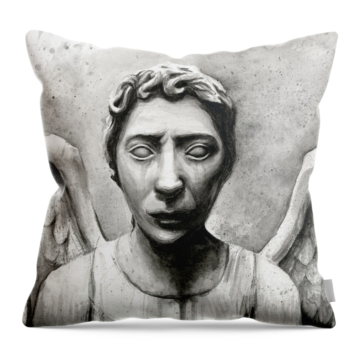 Who Throw Pillow featuring the painting Weeping Angel Don't Blink Doctor Who Fan Art by Olga Shvartsur
