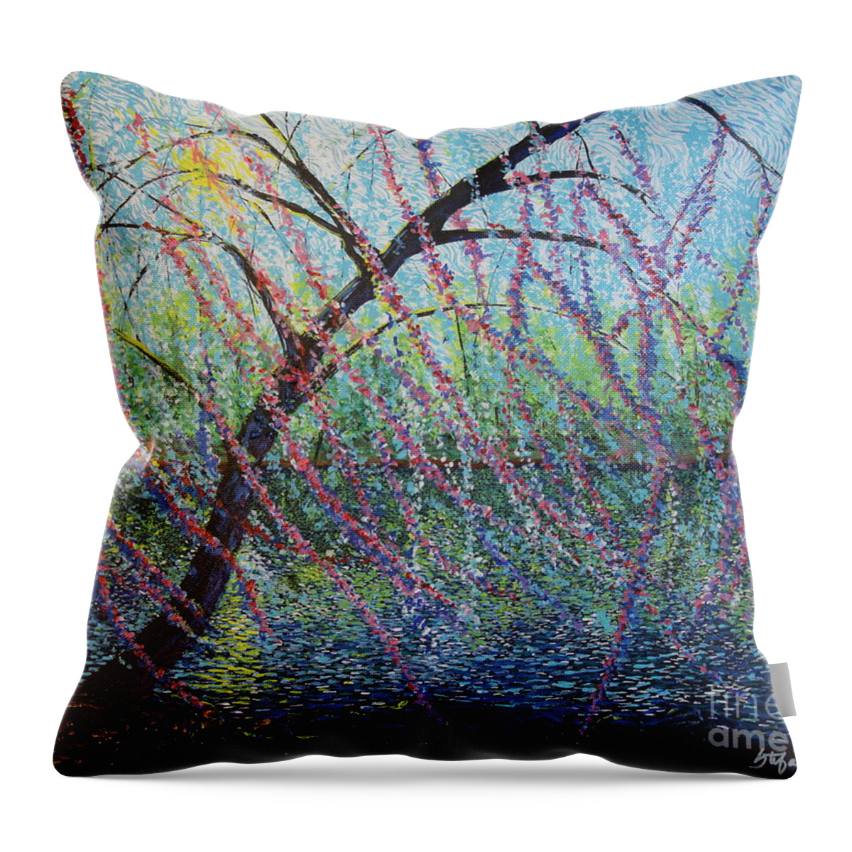 Squiggles Throw Pillow featuring the painting Weeping Cherry by Stefan Duncan