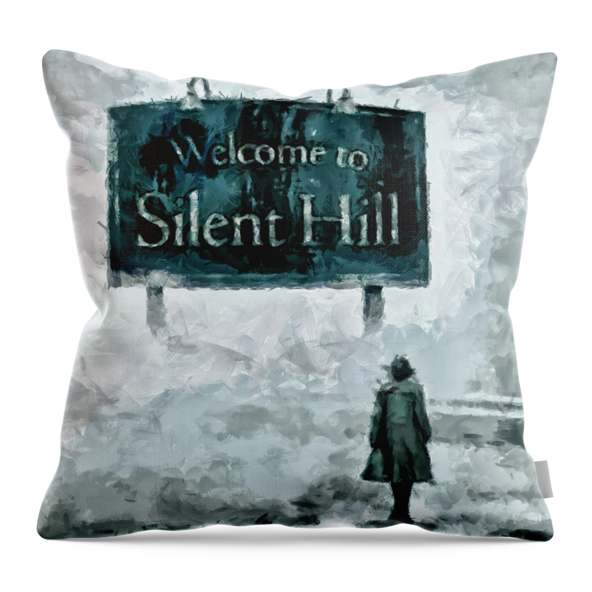 Midnight Streets Throw Pillow featuring the painting Welcome To Silent Hill by Joe Misrasi