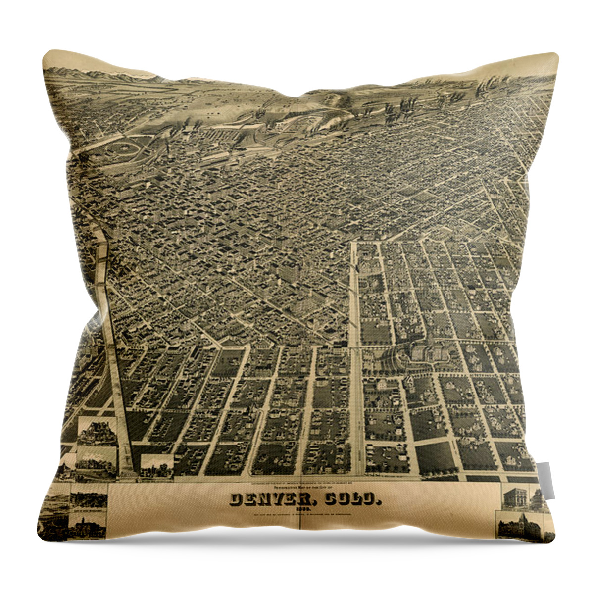 Denver Throw Pillow featuring the drawing Wellge's Birdseye Map of Denver Colorado - 1889 by Eric Glaser
