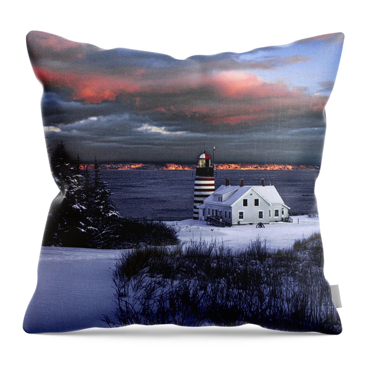 West Quoddy Head Lighthouse Throw Pillow featuring the photograph West Quoddy Head Lighthouse Winters Dusk Afterglow by Marty Saccone