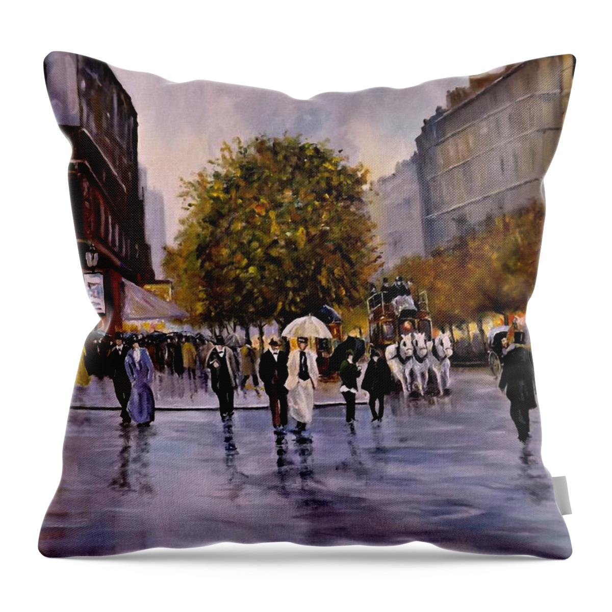 Street Scene Throw Pillow featuring the painting Wet Afternoon On The Boulevard by Barry BLAKE
