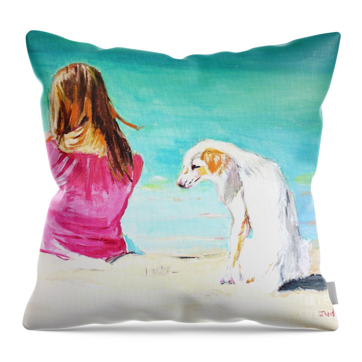 Beach Throw Pillow featuring the painting What About Me by Judy Kay