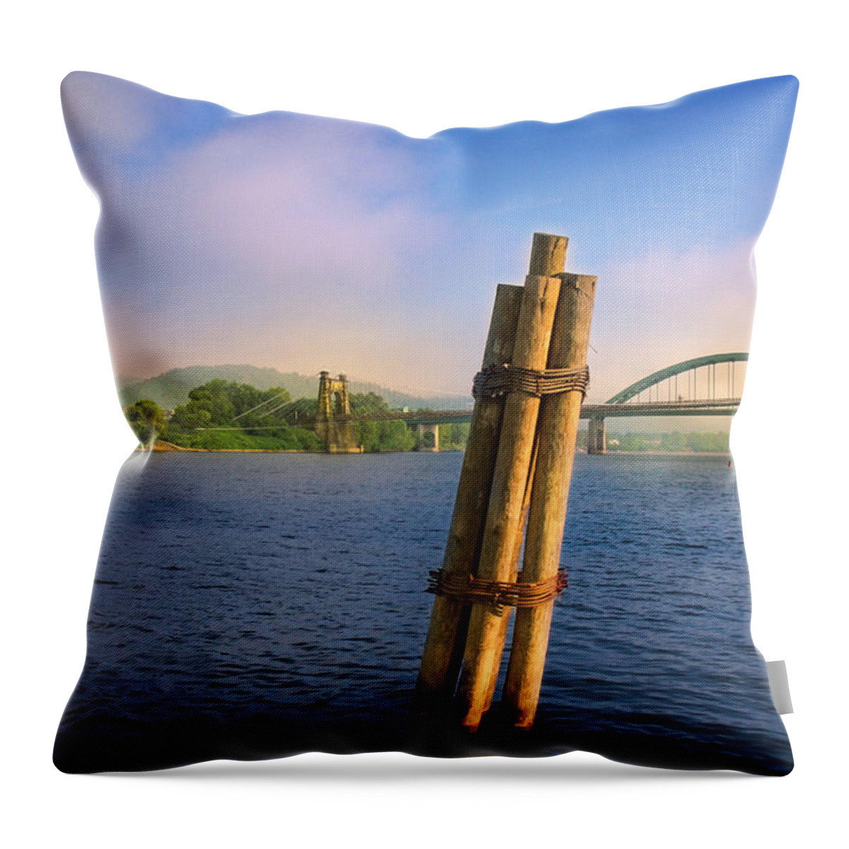 Early Morning Throw Pillow featuring the photograph Wheeling Suspension Bridge by Mary Almond