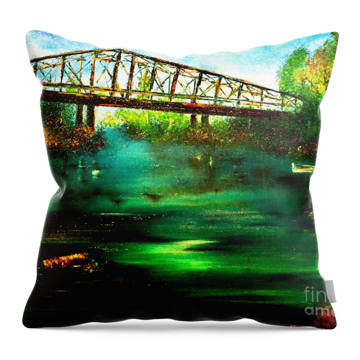 Railroad Bridge Throw Pillow featuring the painting Where The Whistle Once Blew by Denise Tomasura