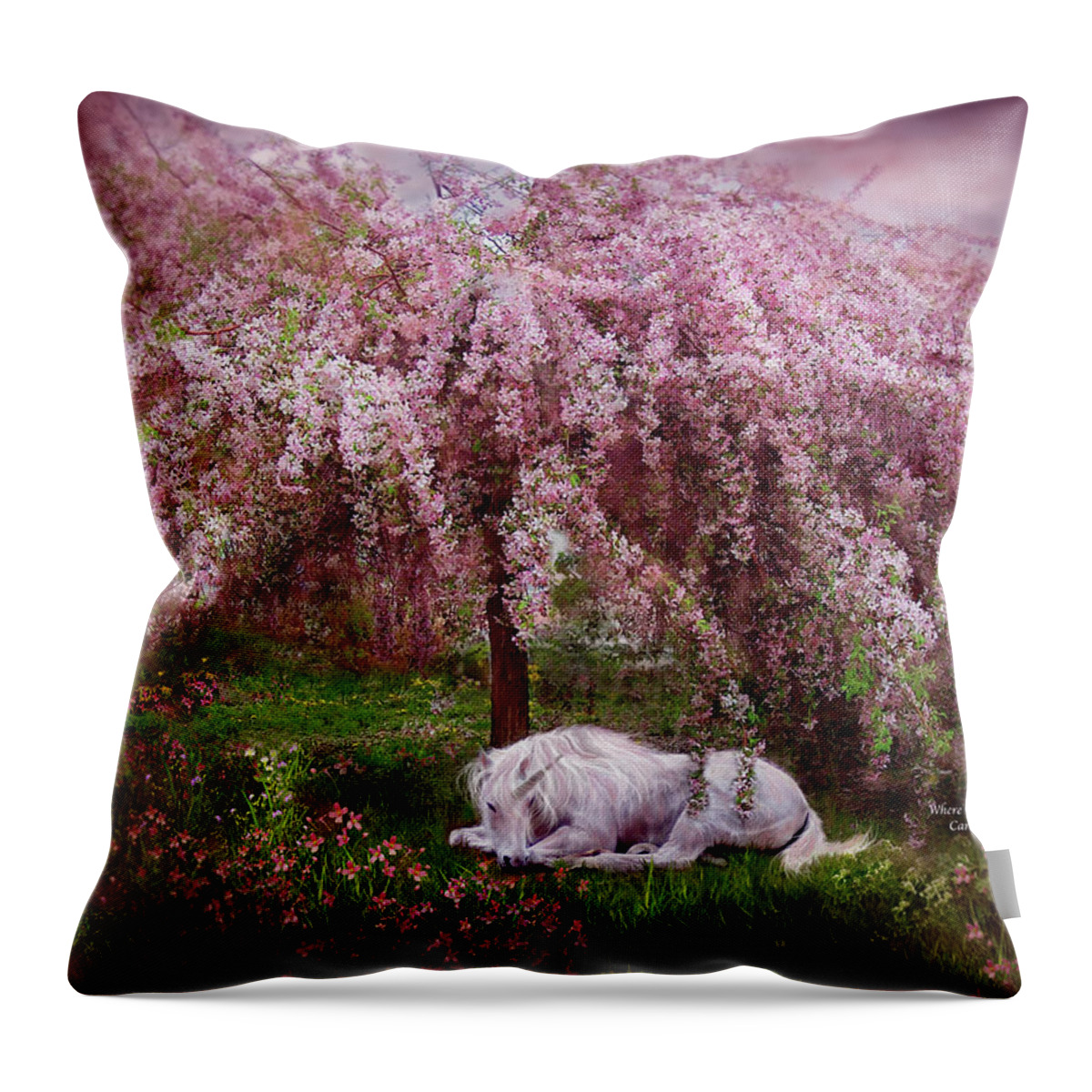 Unicorn Throw Pillow featuring the mixed media Where Unicorn's Dream by Carol Cavalaris