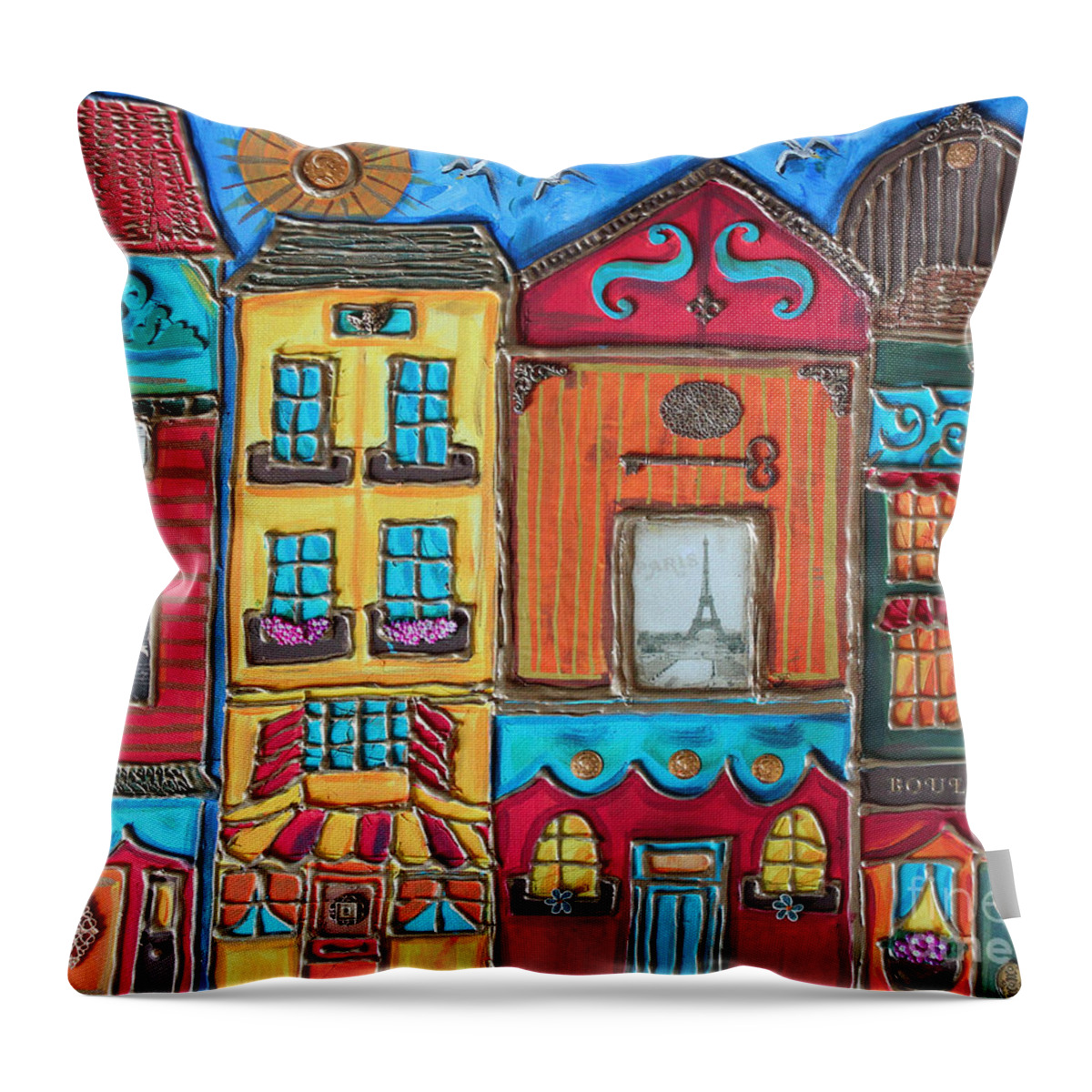 Embossed Throw Pillow featuring the painting Whimsical Street in Paris 1 by Cynthia Snyder