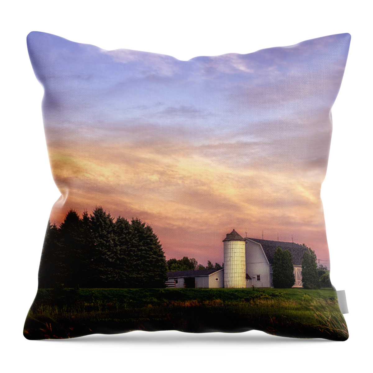 White Barn Sunset Throw Pillow featuring the photograph White Barn Sunset by Mark Papke