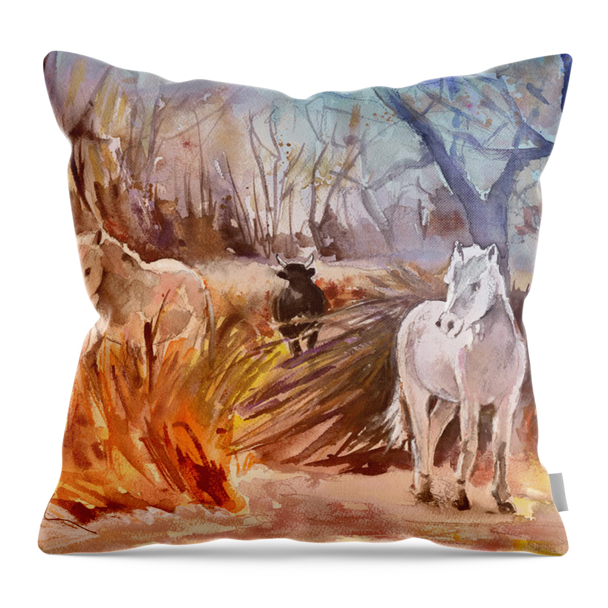Travel Throw Pillow featuring the painting White Horses and Bull in The Camargue by Miki De Goodaboom