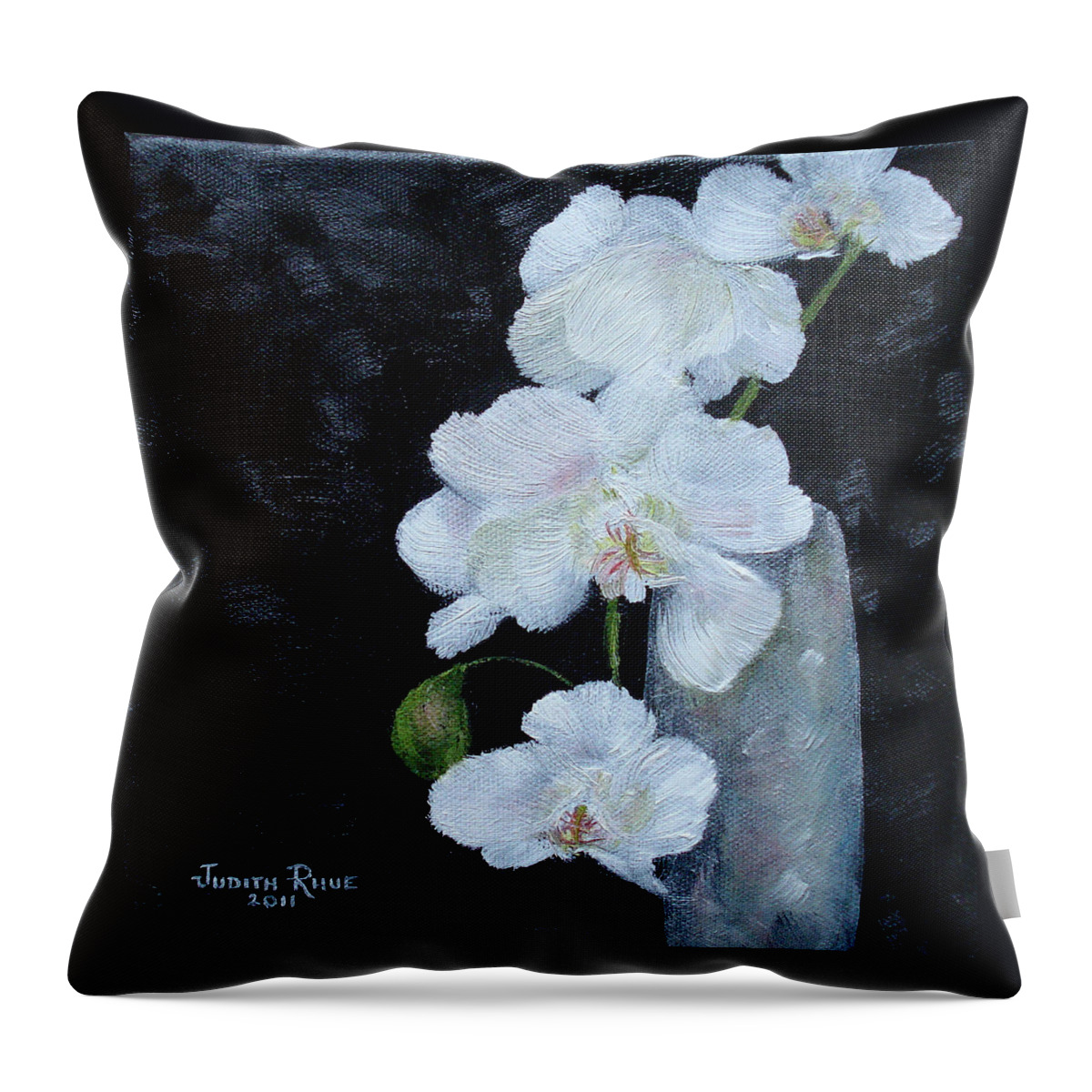 Still Life Throw Pillow featuring the painting White Orchid by Judith Rhue