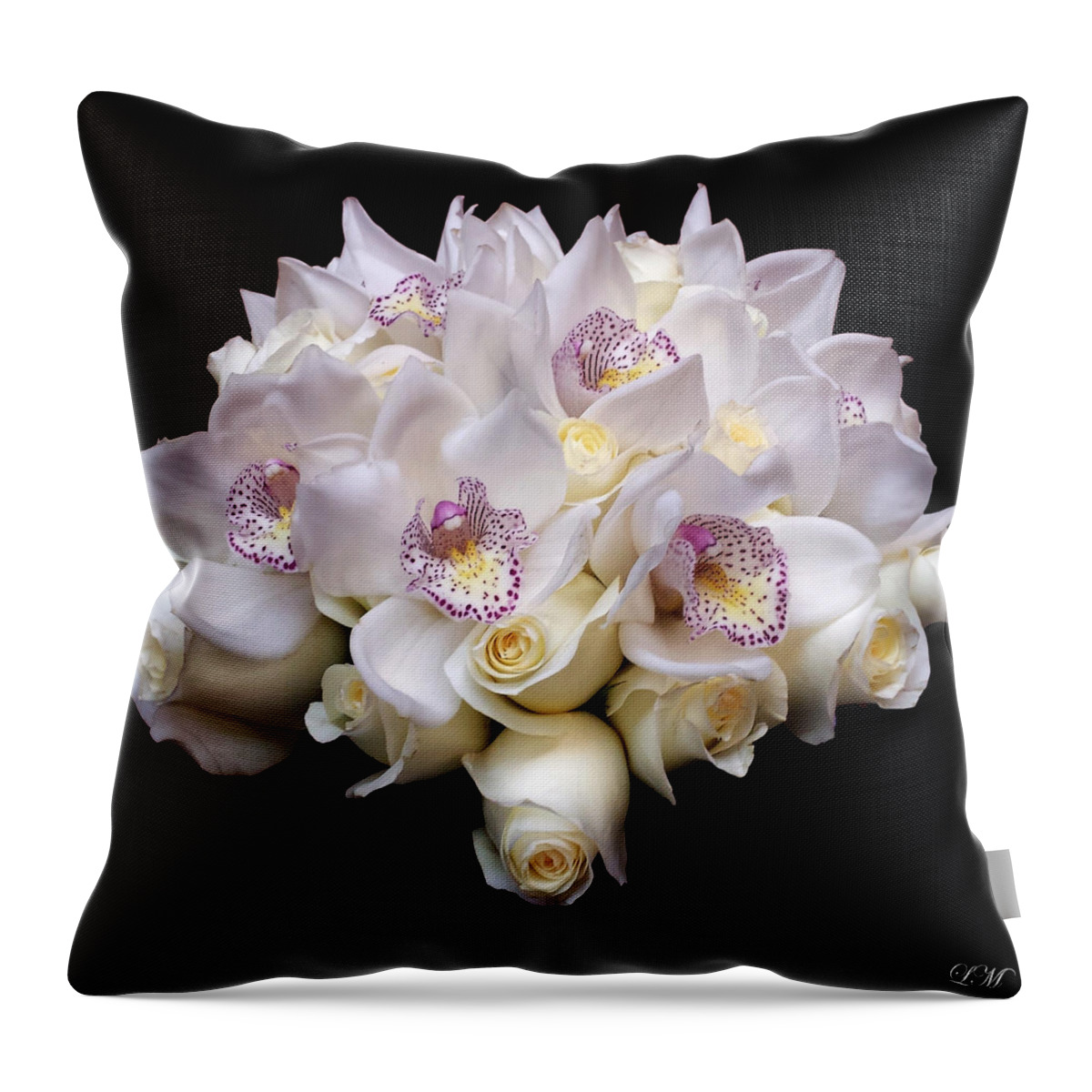 Flowers Throw Pillow featuring the photograph White Orchids and Roses Bouquet Still Life Flower Art Poster by Lily Malor