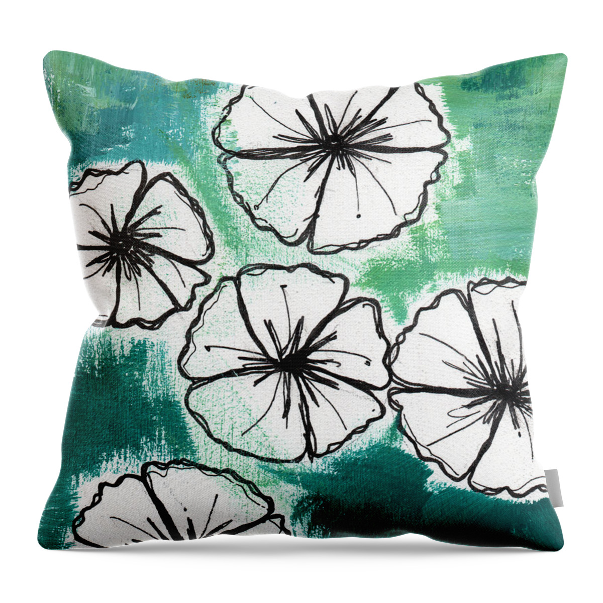 Flowers Throw Pillow featuring the painting White Petunias- Floral Abstract Painting by Linda Woods