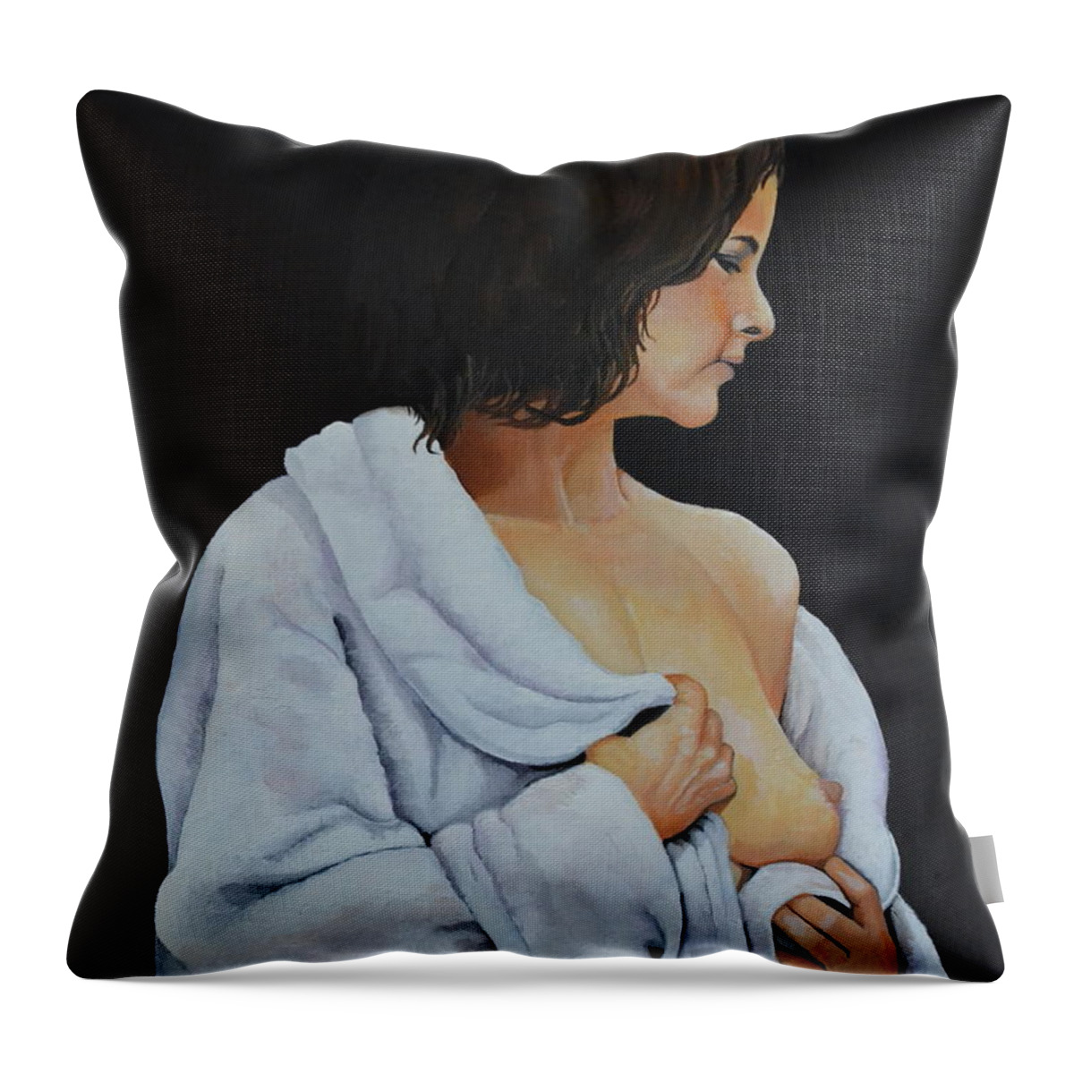  A Painting Of A Nude Female In A White Bath Robe. She Has Dark Hair And Is In The Process Of Taking Off Her Robe. Her Skin Tone Is Light In Color And The Expression On Her Face Is Peaceful. Throw Pillow featuring the painting White Robe by Martin Schmidt