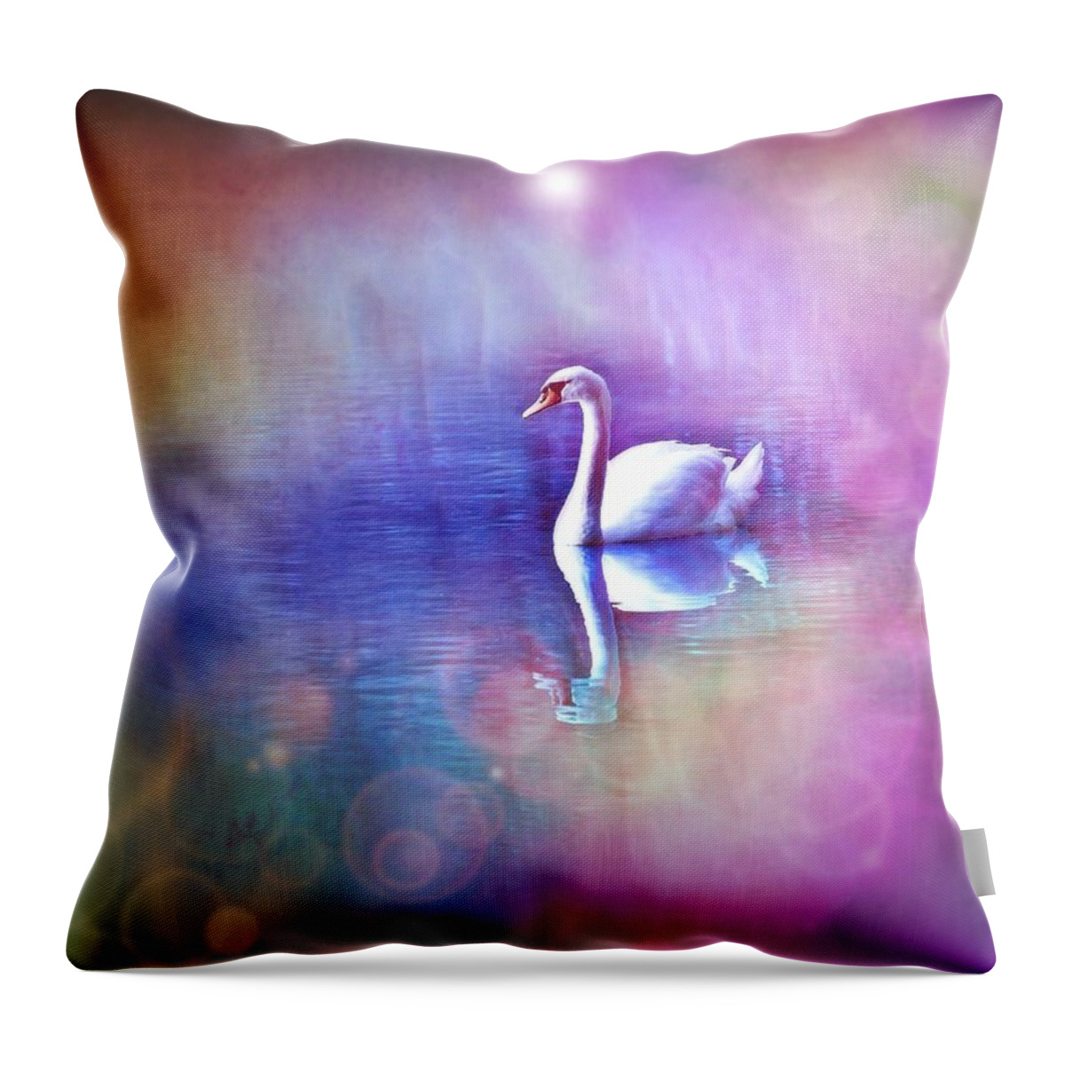 White Swan Throw Pillow featuring the digital art White Swan in colorful fog by Lilia S