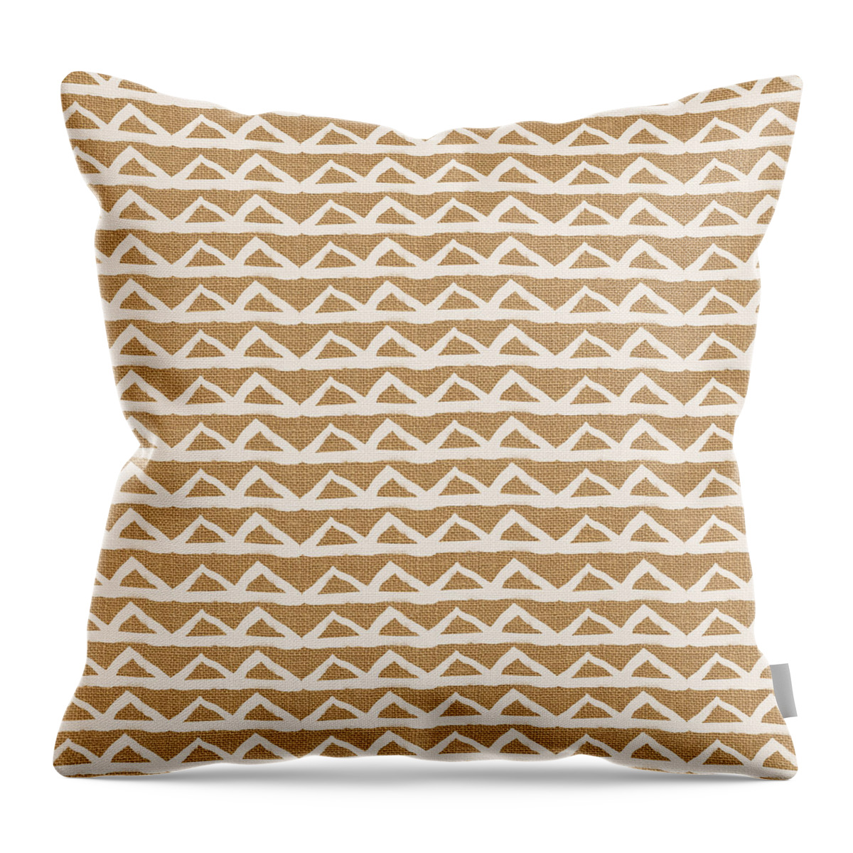 Triangles Throw Pillow featuring the mixed media White Triangles on Burlap by Linda Woods