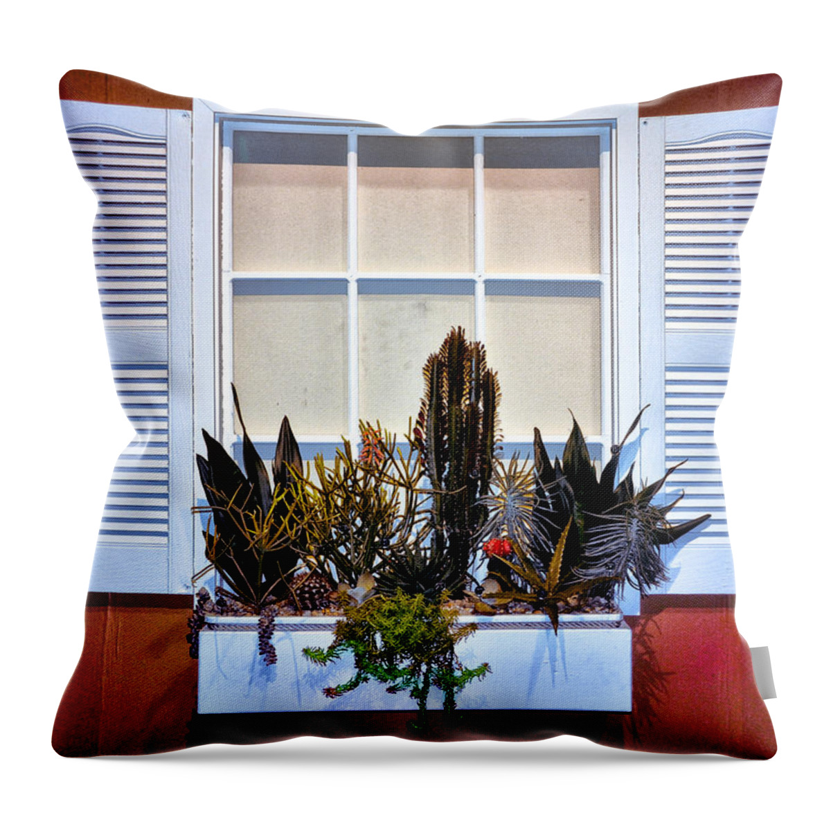 White Throw Pillow featuring the photograph White Window with Flower Box on a Red House by Bill Cannon