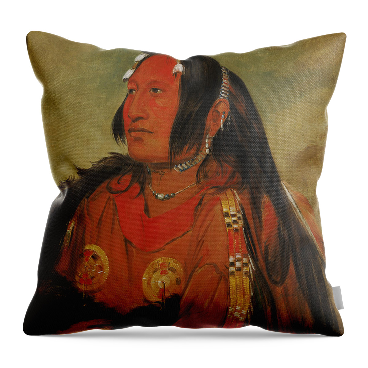 George Catlin Throw Pillow featuring the painting Wi-jun-jon. Pigeons Egg Head. A Distinguished Young Warrior by George Catlin