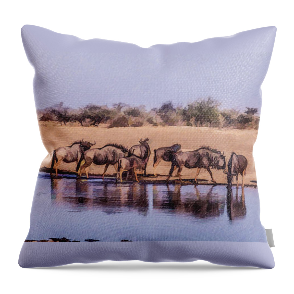Wildebeest Throw Pillow featuring the digital art Wildebeest at an Etosha waterhole by Liz Leyden