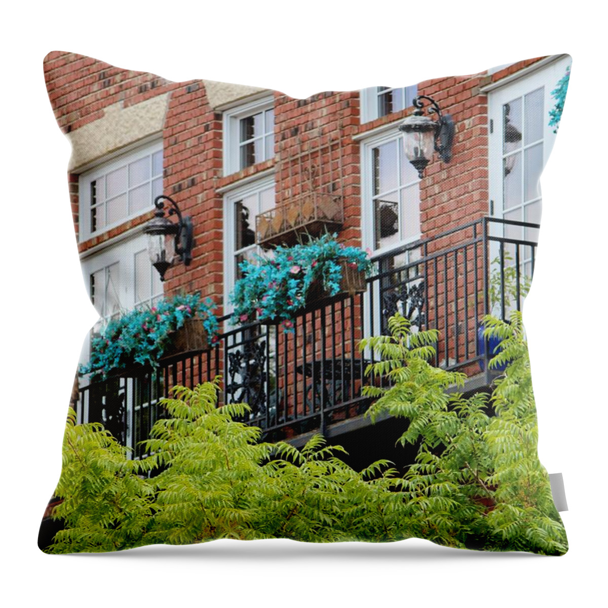 Balcony Throw Pillow featuring the photograph Blue Flowers On A Balcony by Cynthia Guinn