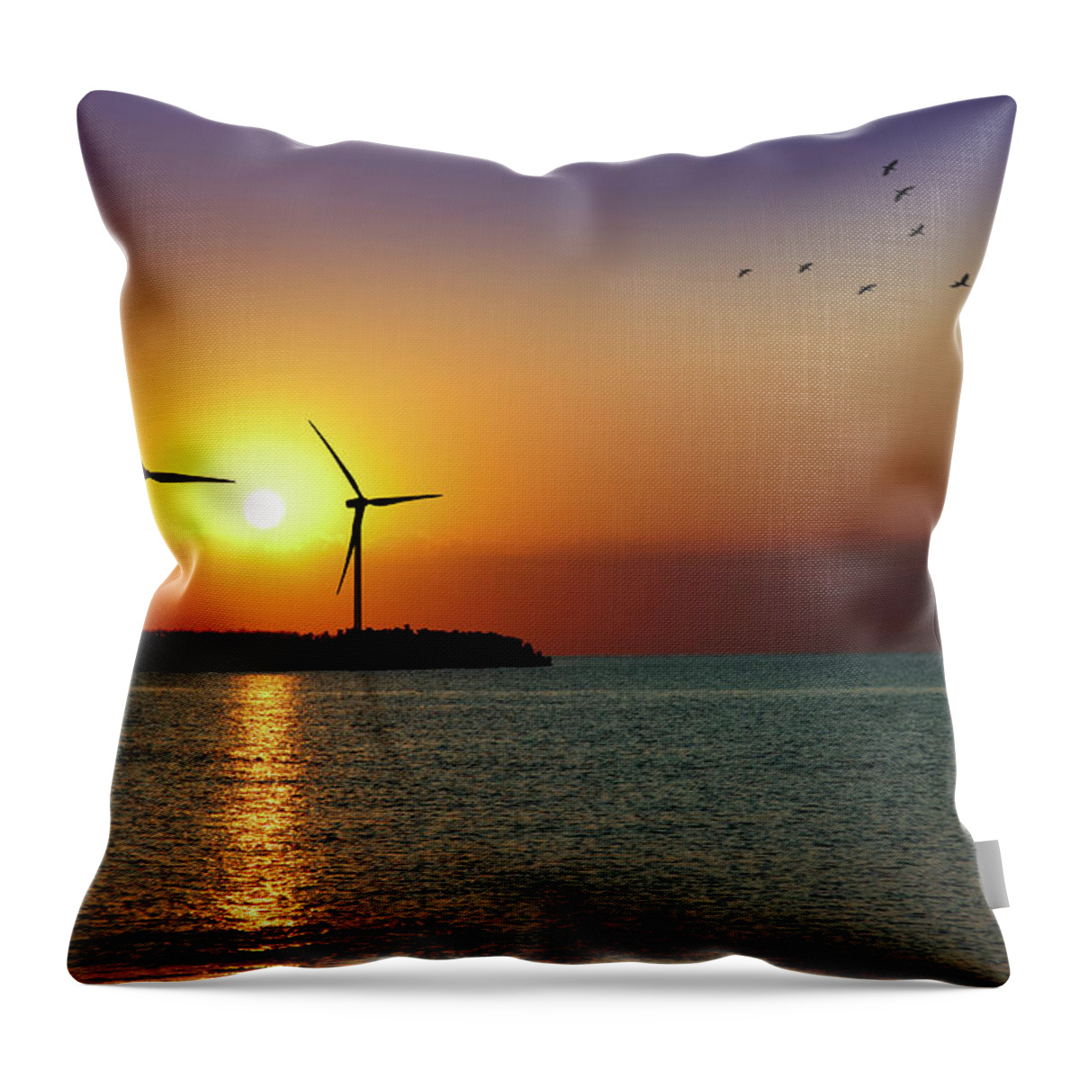 Water's Edge Throw Pillow featuring the photograph Wind Turbine Farm In Sunset by Mariusfm77