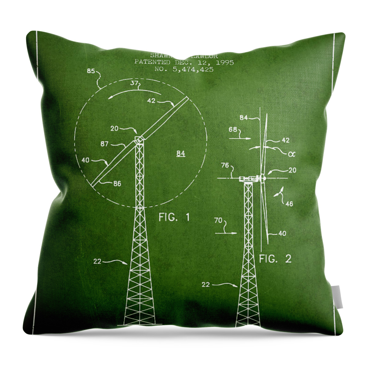 Wind Turbine Throw Pillow featuring the digital art Wind Turbine Rotor Blade Patent from 1995 - Green by Aged Pixel