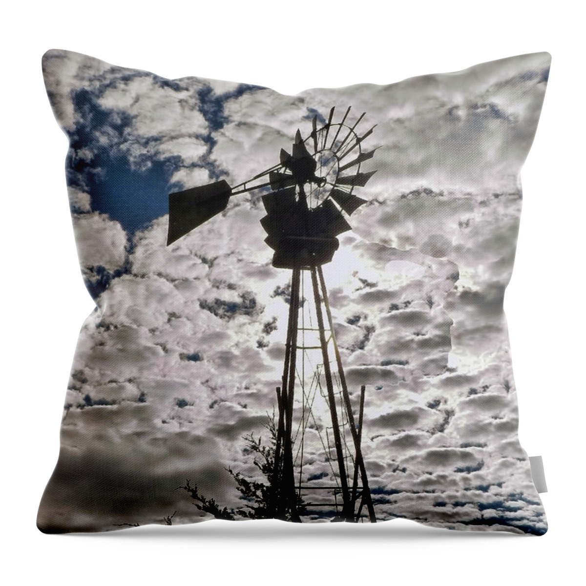 Windmill Throw Pillow featuring the digital art Windmill in the clouds by Cathy Anderson