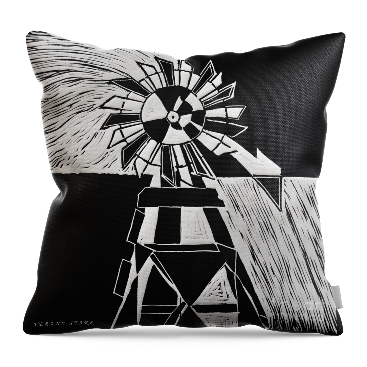 Linocut Throw Pillow featuring the mixed media Windmill by Verana Stark