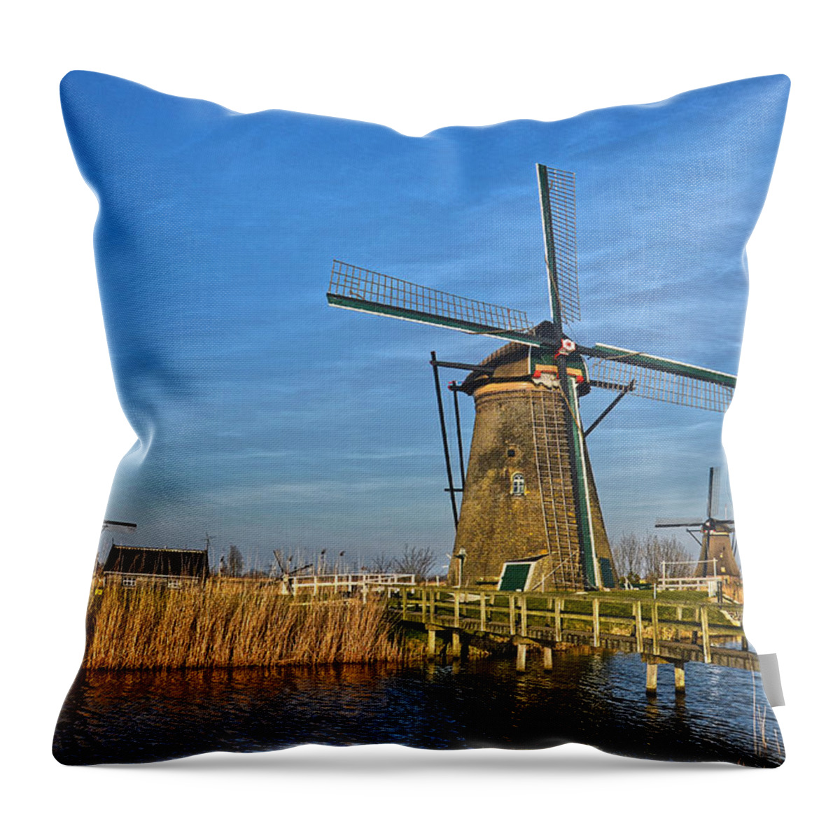 Windmills Throw Pillow featuring the photograph Windmills And Bridge Near Kinderdijk by Frans Blok
