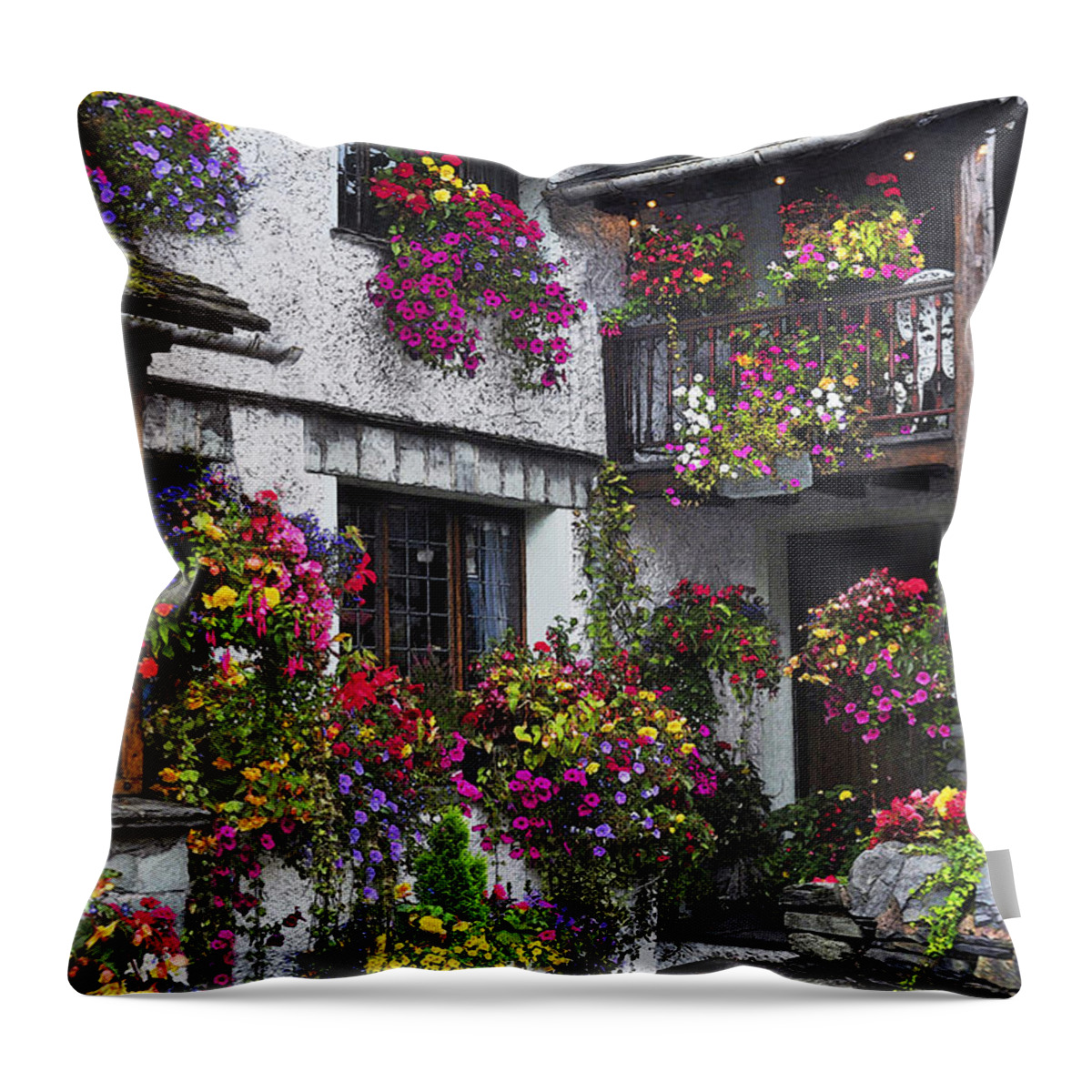 Hanging Flowers Throw Pillow featuring the digital art Windows of Flowers by Vicki Lea Eggen