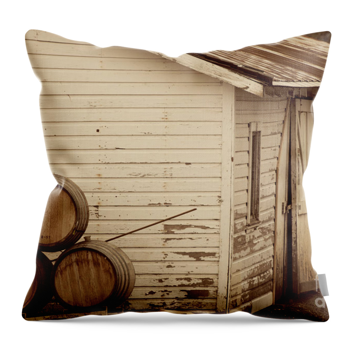 Architecture And Building Throw Pillow featuring the photograph Wine Barrels and Rustic White Barn by Juli Scalzi