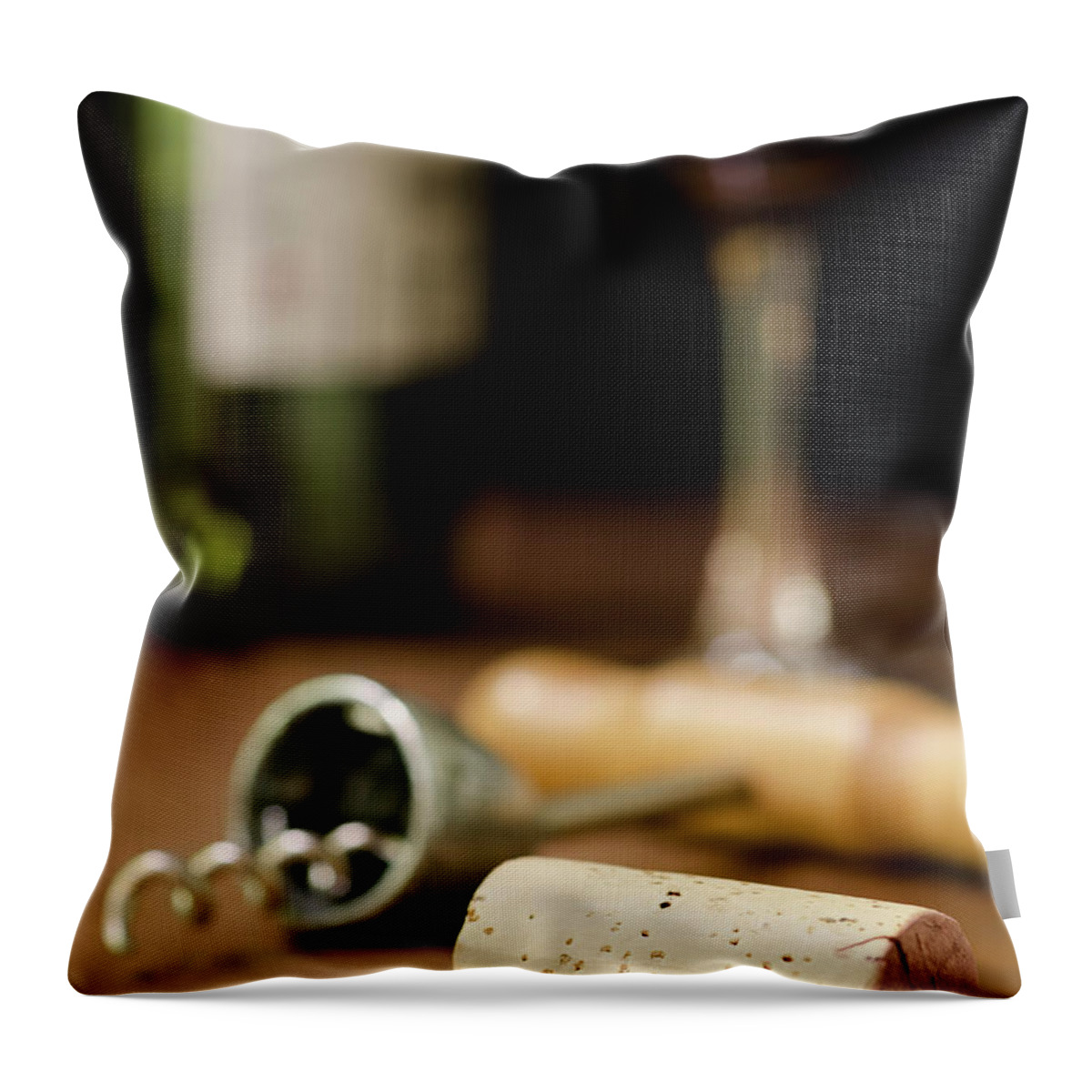 Corkscrew Throw Pillow featuring the photograph Wine Cork, Corkscrew, Wineglass, And by 1morecreative
