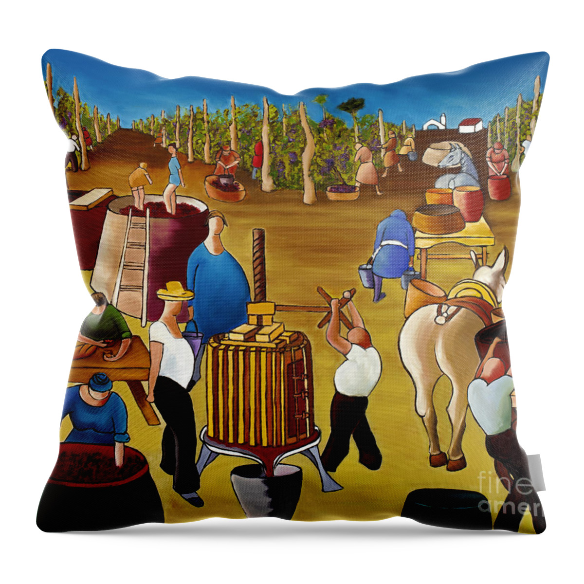 Mediterranean Canvas Art Throw Pillow featuring the painting Wine Pressing 2 by William Cain