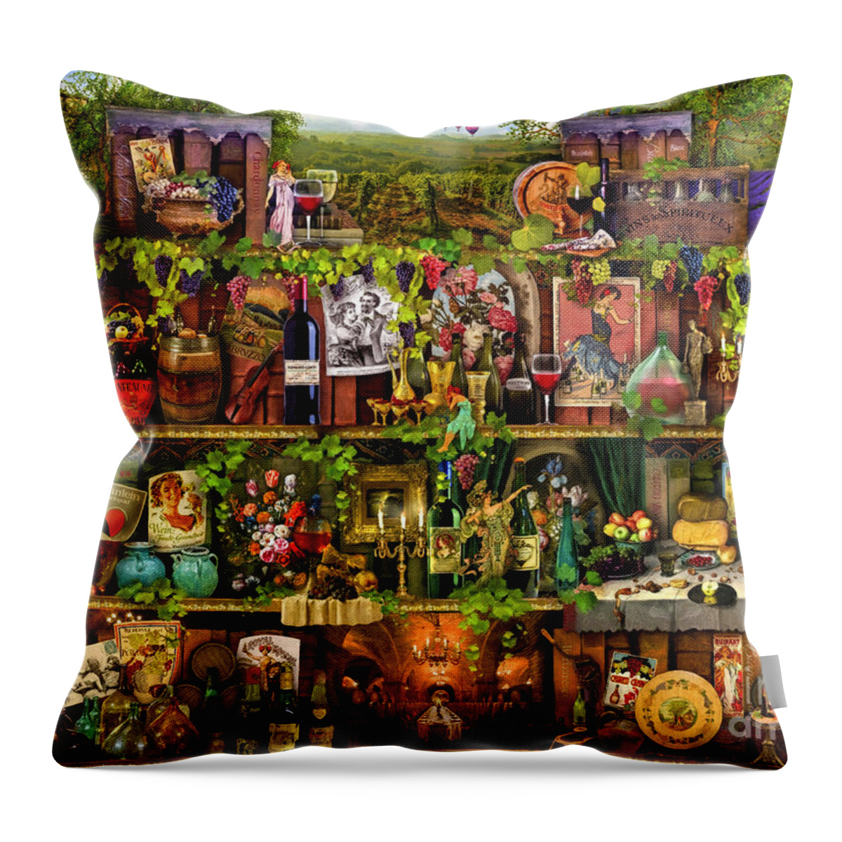 Aimee Stewart Throw Pillow featuring the digital art Wine Shelf by MGL Meiklejohn Graphics Licensing