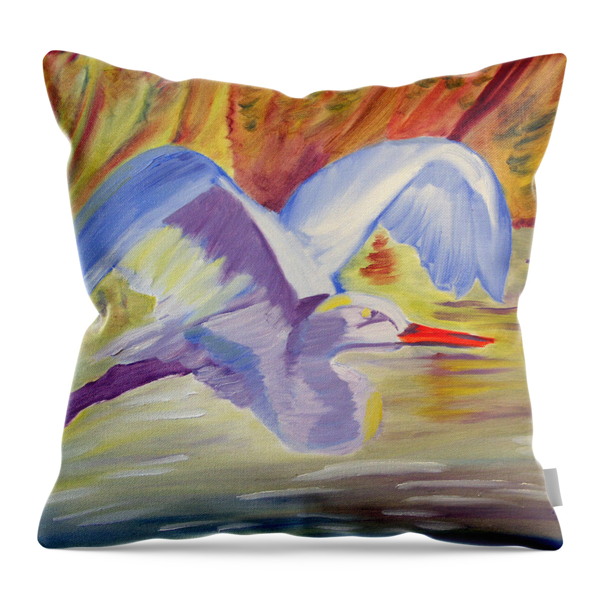 Egret Throw Pillow featuring the painting Winged Creation by Meryl Goudey