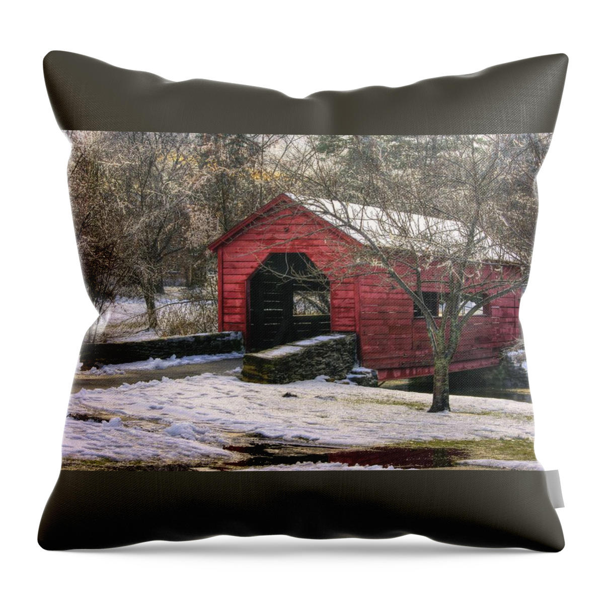 Carroll Creek Covered Bridge Throw Pillow featuring the photograph Winter Crossing in Elegance - Carroll Creek Covered Bridge - Baker Park Frederick Maryland by Michael Mazaika