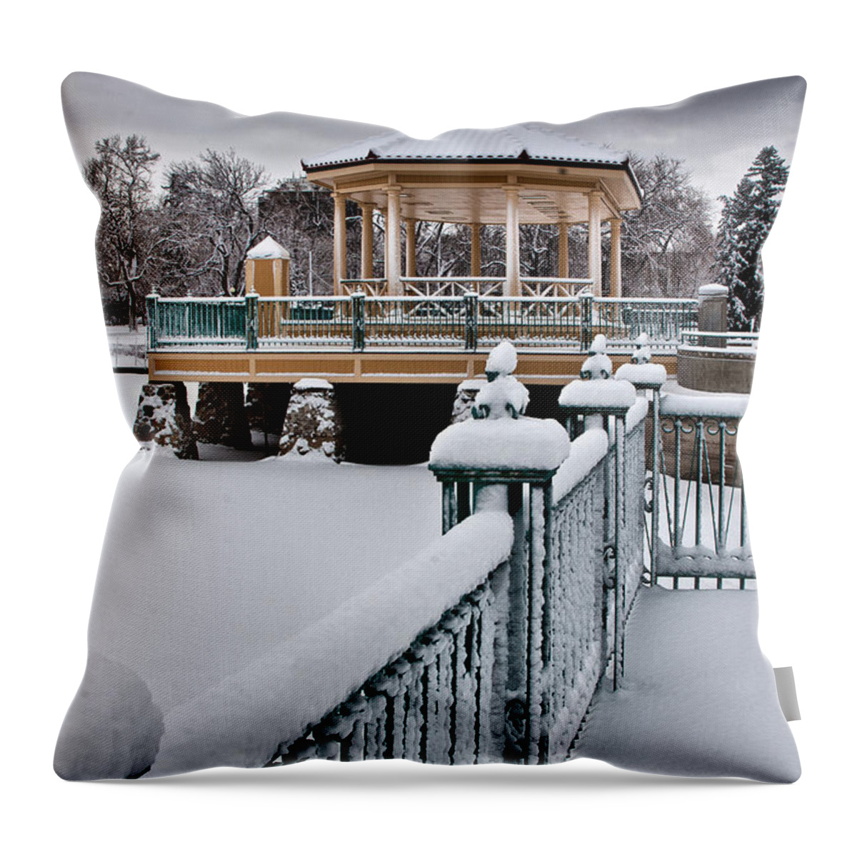 Cityscape Throw Pillow featuring the photograph Winter Gazebo by Steven Reed