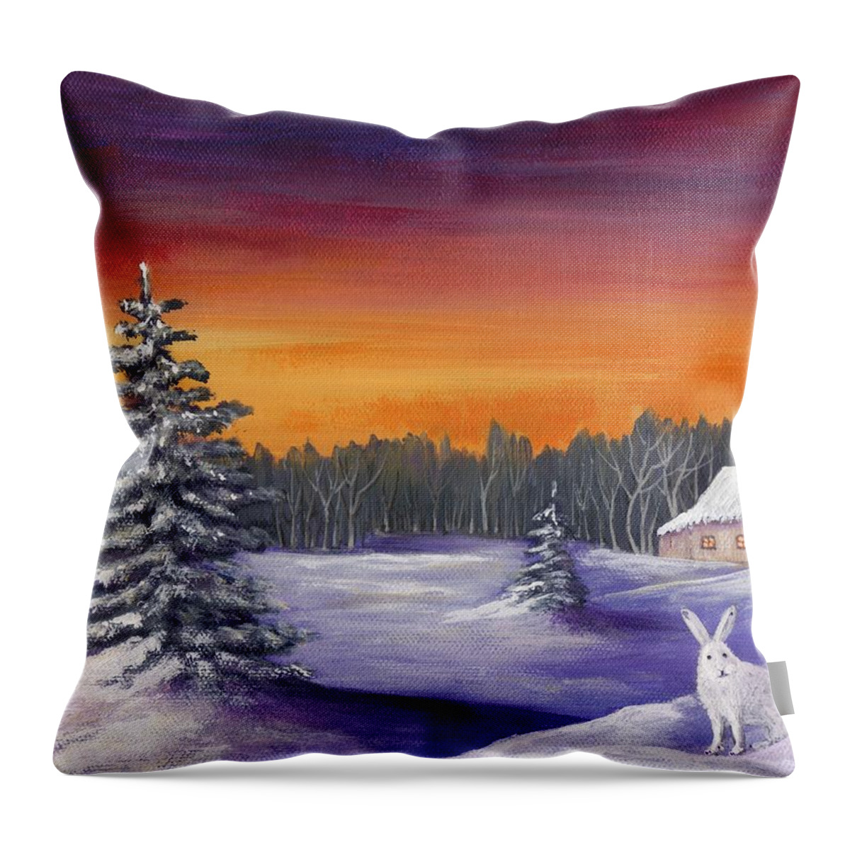 Winter Throw Pillow featuring the painting Winter Hare Visit by Anastasiya Malakhova